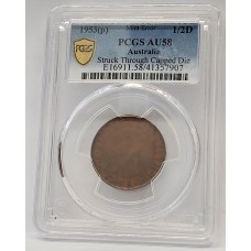 AUSTRALIA 1953 . HALF 1/2 PENNY . ERROR. STRUCK THROUGH CAPPED DIE